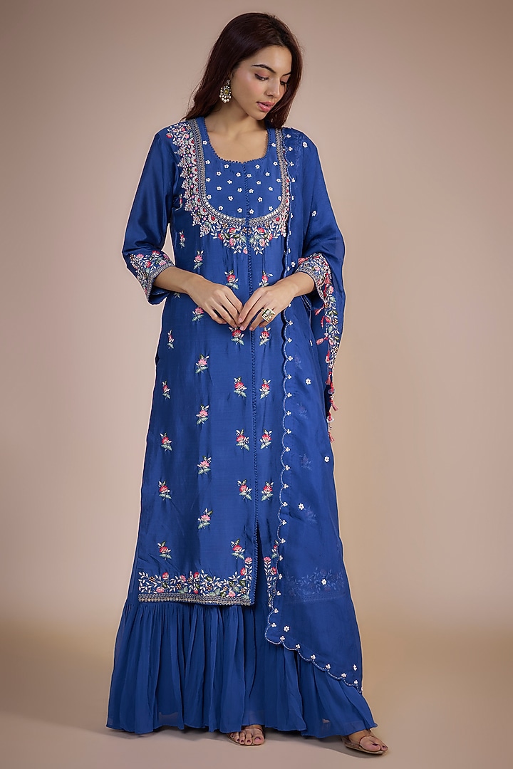 Ink Blue Silk Chanderi Embroidered Jacket Set by Ojasvini at Pernia's Pop Up Shop