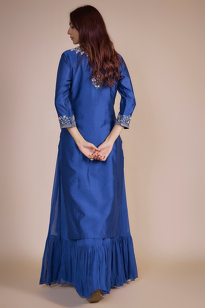 Ink Blue Silk Chanderi Embroidered Jacket Set by Ojasvini at Pernia's Pop Up Shop