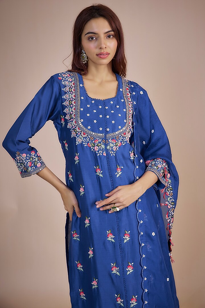 Ink Blue Silk Chanderi Embroidered Jacket Set by Ojasvini at Pernia's Pop Up Shop