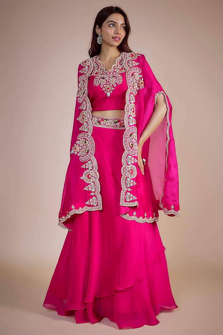 Fuchsia Pink Silk & Organza Embroidered Cape Lehenga Set by Ojasvini