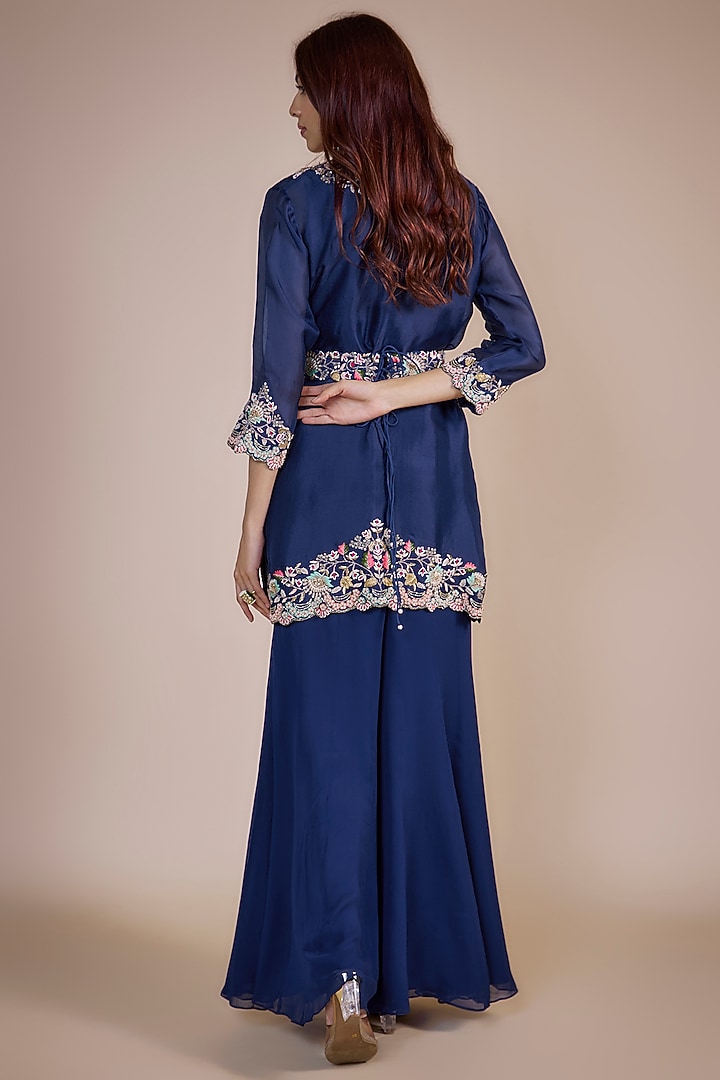 Navy Blue Silk & Georgette Hand Embroidered Jacket Set by Ojasvini at Pernia's Pop Up Shop