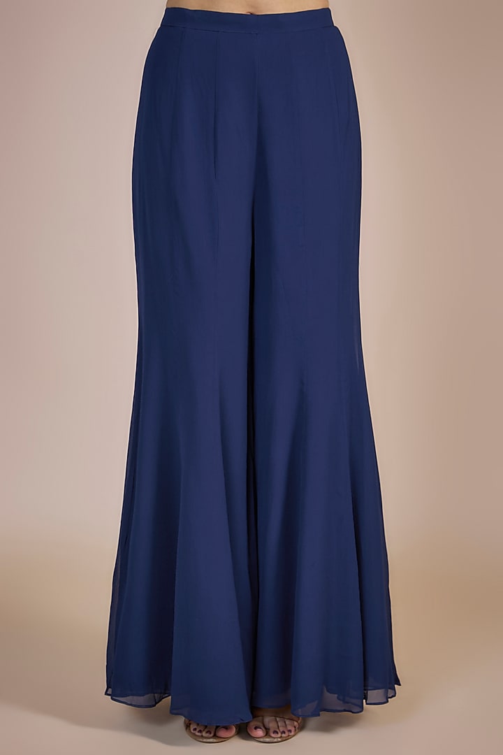 Navy Blue Silk & Georgette Hand Embroidered Jacket Set by Ojasvini at Pernia's Pop Up Shop