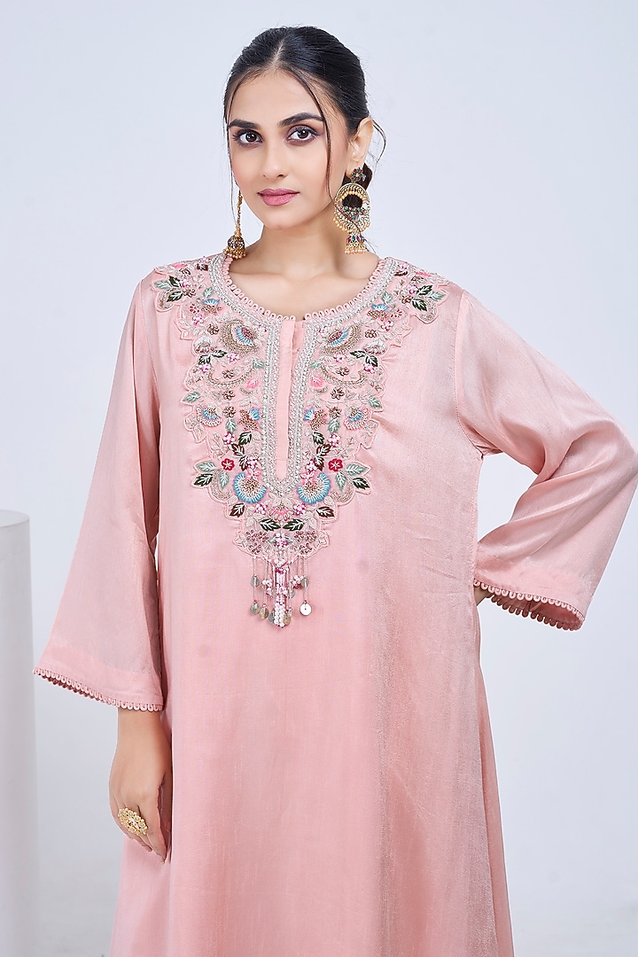 Blush Silk & Satin Embroidered Co-Ord Set by Ojasvini at Pernia's Pop Up Shop