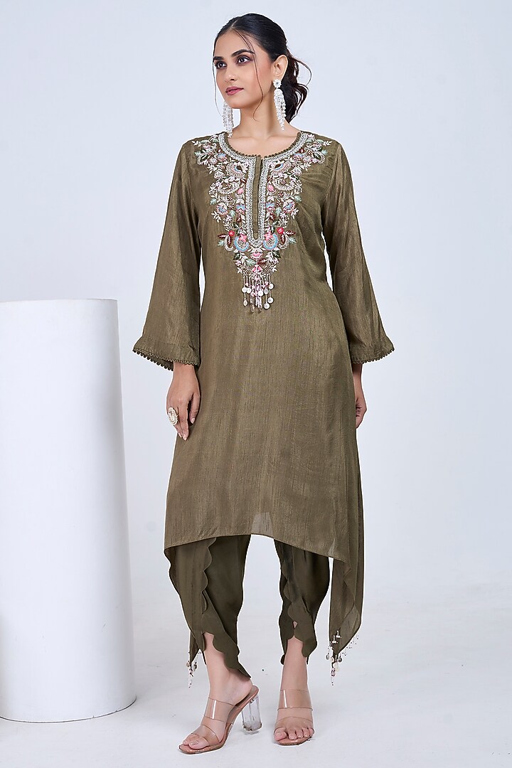 Olive Silk & Satin Embroidered Co-Ord Set by Ojasvini at Pernia's Pop Up Shop