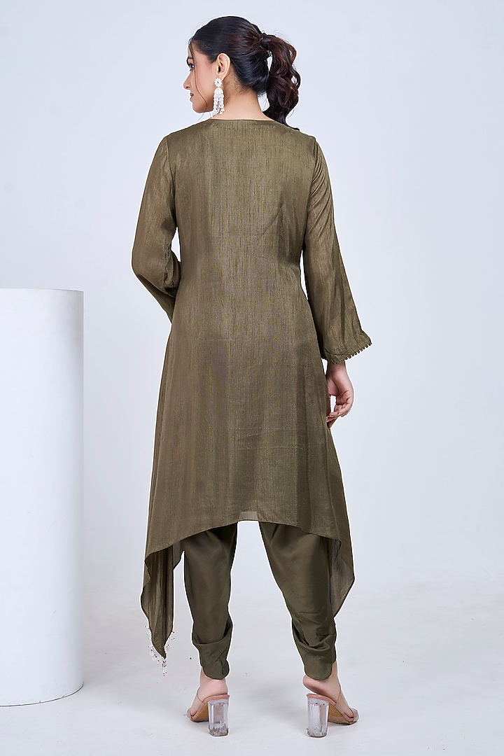 Olive Silk & Satin Embroidered Co-Ord Set by Ojasvini at Pernia's Pop Up Shop