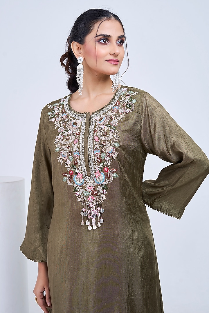 Olive Silk & Satin Embroidered Co-Ord Set by Ojasvini at Pernia's Pop Up Shop