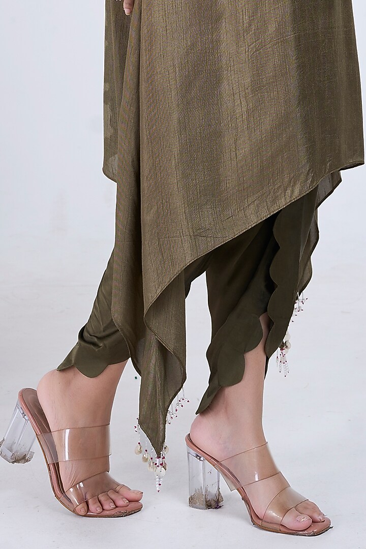 Olive Silk & Satin Embroidered Co-Ord Set by Ojasvini at Pernia's Pop Up Shop