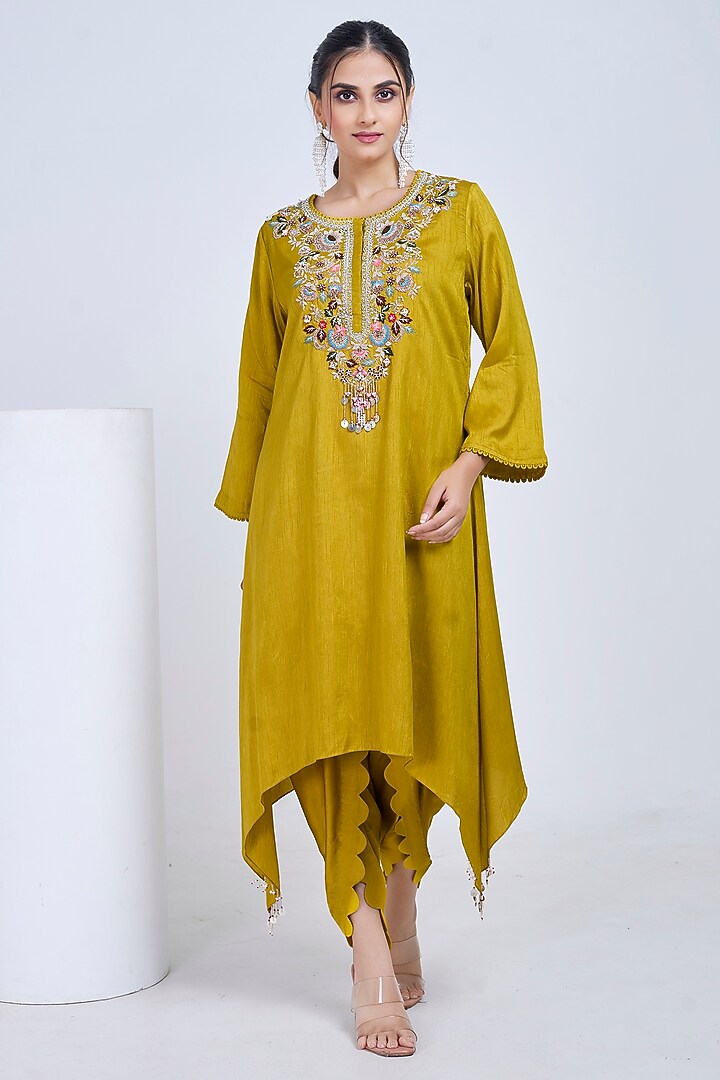 Mustard Olive Silk & Satin Embroidered Co-Ord Set by Ojasvini at Pernia's Pop Up Shop