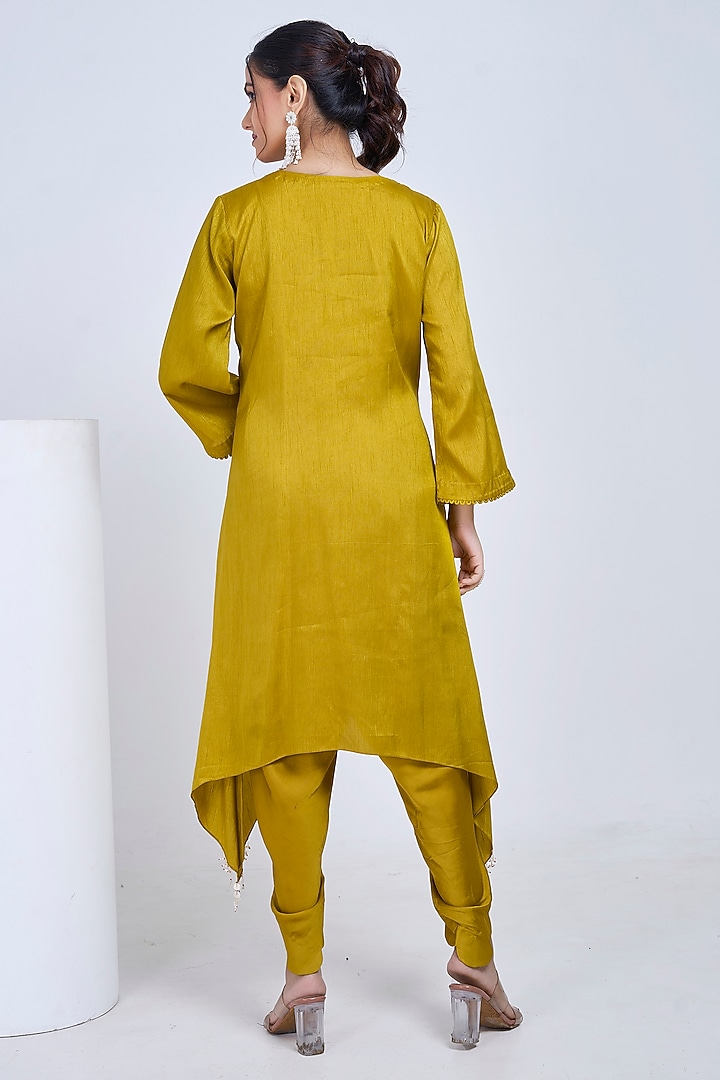 Mustard Olive Silk & Satin Embroidered Co-Ord Set by Ojasvini at Pernia's Pop Up Shop
