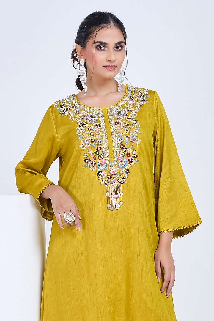 Mustard Olive Silk & Satin Embroidered Co-Ord Set by Ojasvini at Pernia's Pop Up Shop