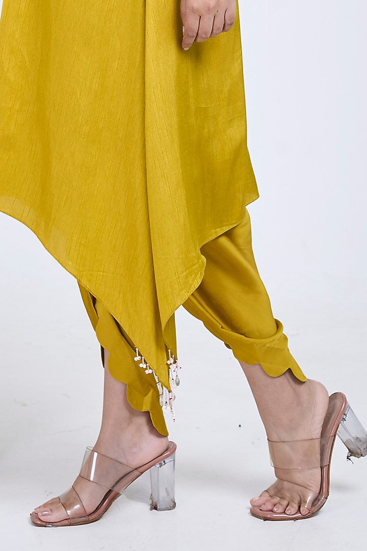 Mustard Olive Silk & Satin Embroidered Co-Ord Set by Ojasvini at Pernia's Pop Up Shop