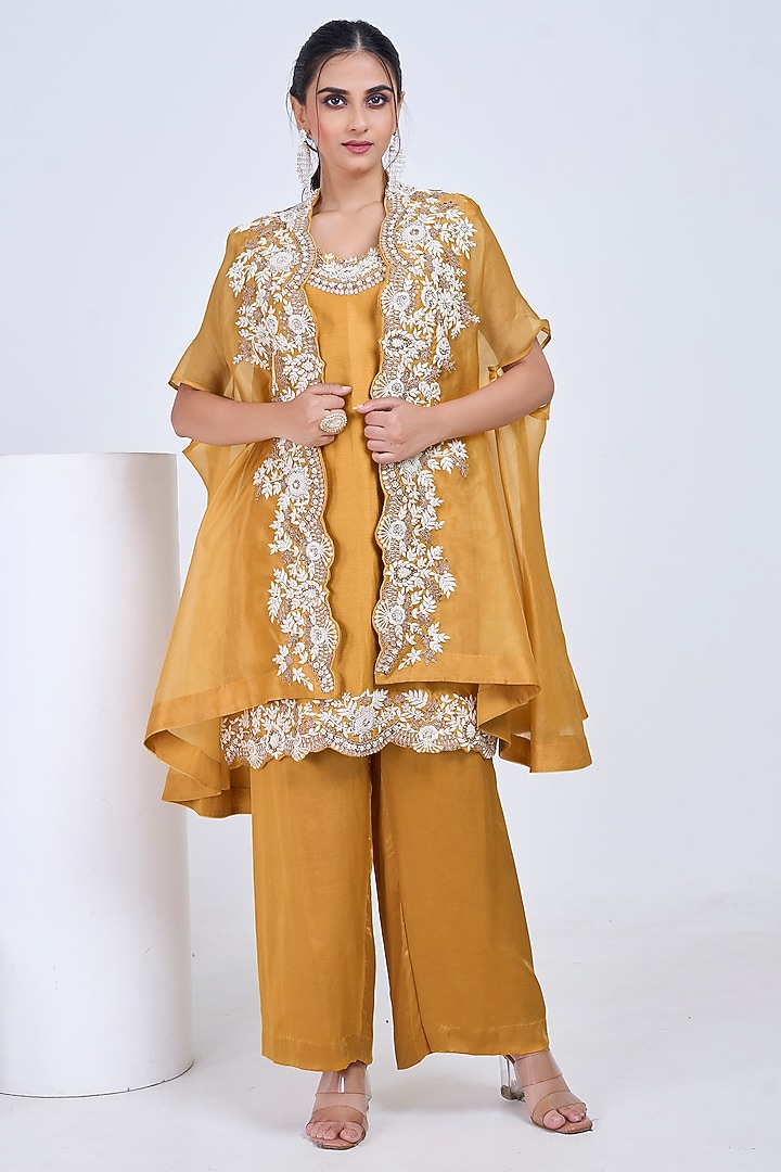 Mustard Organza Hand Embroidered Cape Set by Ojasvini at Pernia's Pop Up Shop