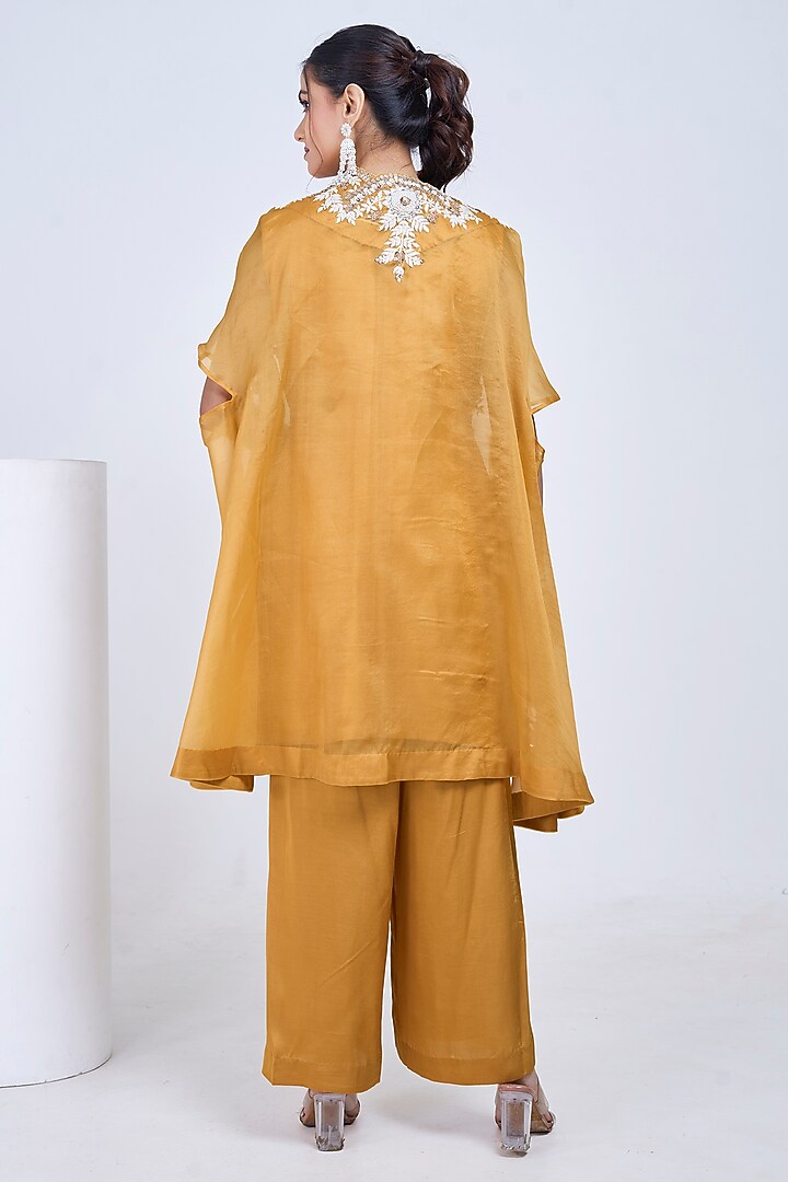 Mustard Organza Hand Embroidered Cape Set by Ojasvini at Pernia's Pop Up Shop