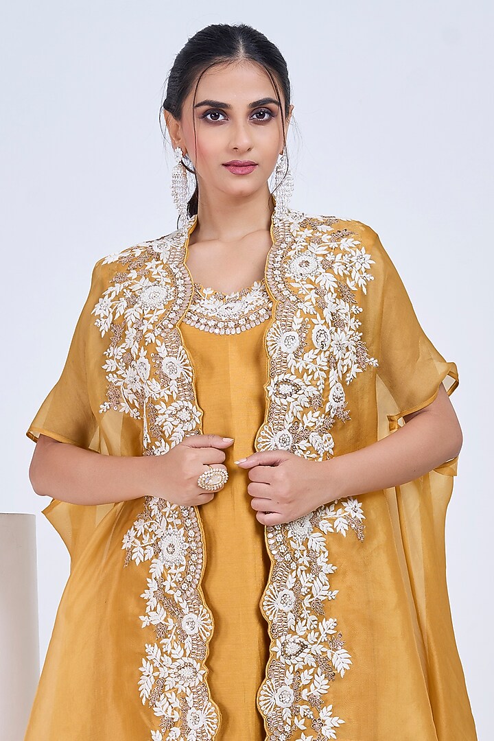 Mustard Organza Hand Embroidered Cape Set by Ojasvini at Pernia's Pop Up Shop