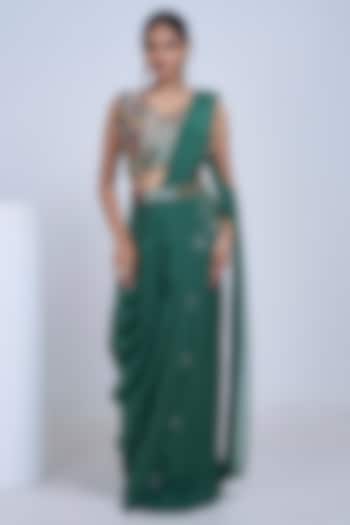Green Silk & Satin Organza Hand Embroidered Draped Wedding Saree Set by Ojasvini at Pernia's Pop Up Shop