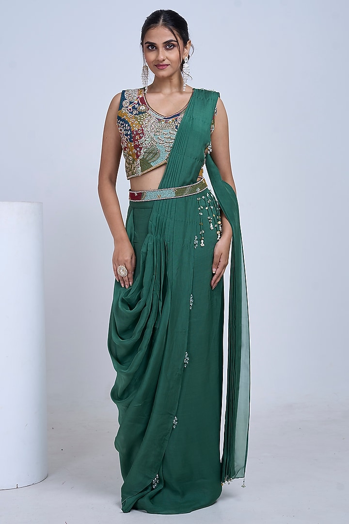 Green Silk & Satin Organza Hand Embroidered Draped Wedding Saree Set by Ojasvini at Pernia's Pop Up Shop