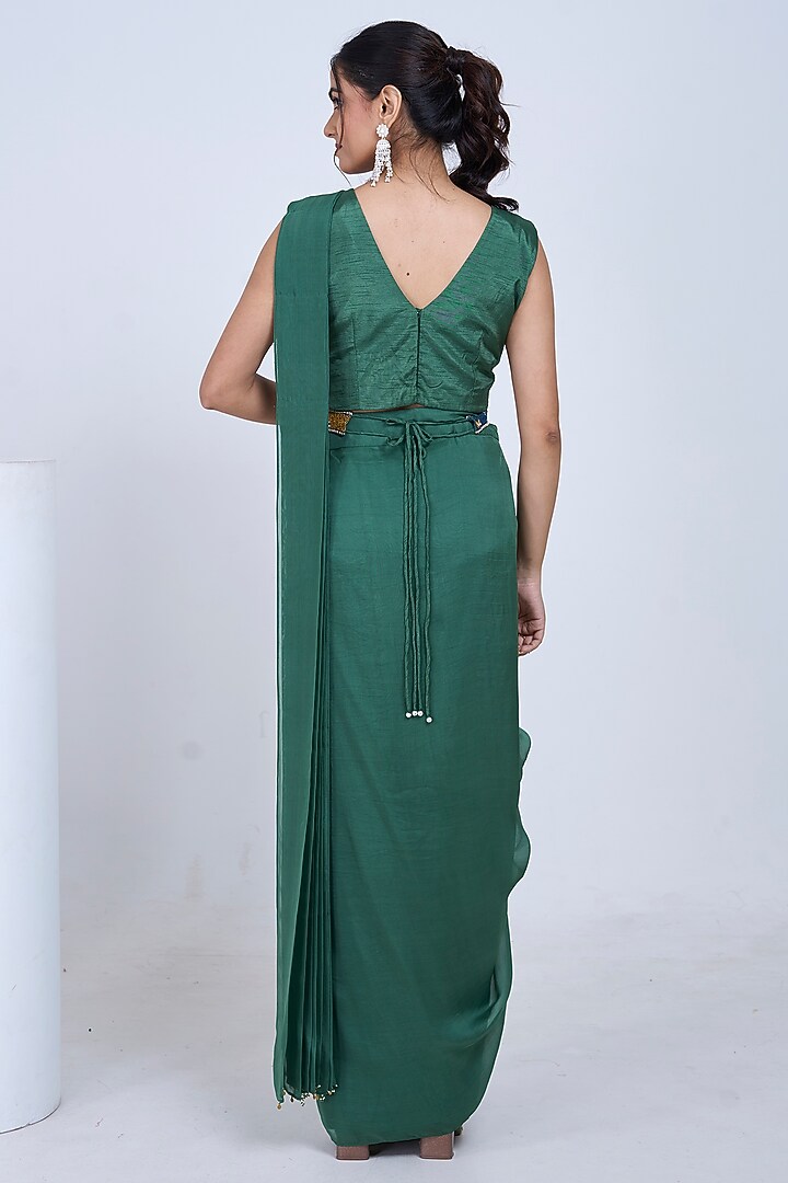 Green Silk & Satin Organza Hand Embroidered Draped Wedding Saree Set by Ojasvini at Pernia's Pop Up Shop