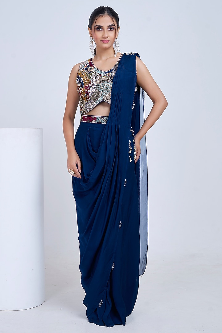 Navy Blue Silk & Satin Organza Hand Embroidered Draped Wedding Saree Set by Ojasvini at Pernia's Pop Up Shop