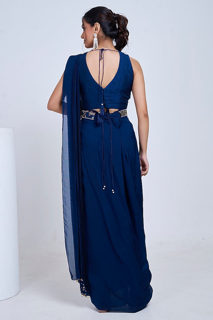 Navy Blue Silk & Satin Organza Hand Embroidered Draped Wedding Saree Set by Ojasvini at Pernia's Pop Up Shop