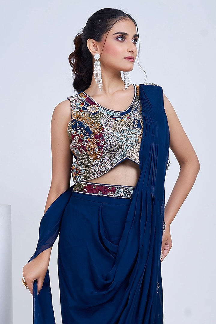 Navy Blue Silk & Satin Organza Hand Embroidered Draped Wedding Saree Set by Ojasvini at Pernia's Pop Up Shop