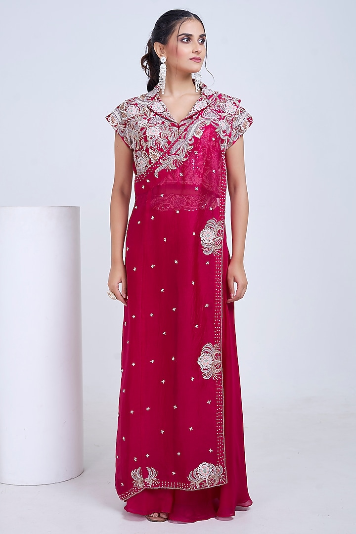 Pink Silk & Satin Organza Wedding Sharara Set by Ojasvini at Pernia's Pop Up Shop