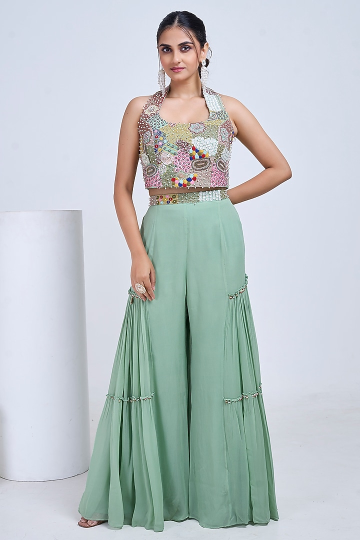 Green Silk & Georgette Embroidered Co-Ord Set by Ojasvini at Pernia's Pop Up Shop