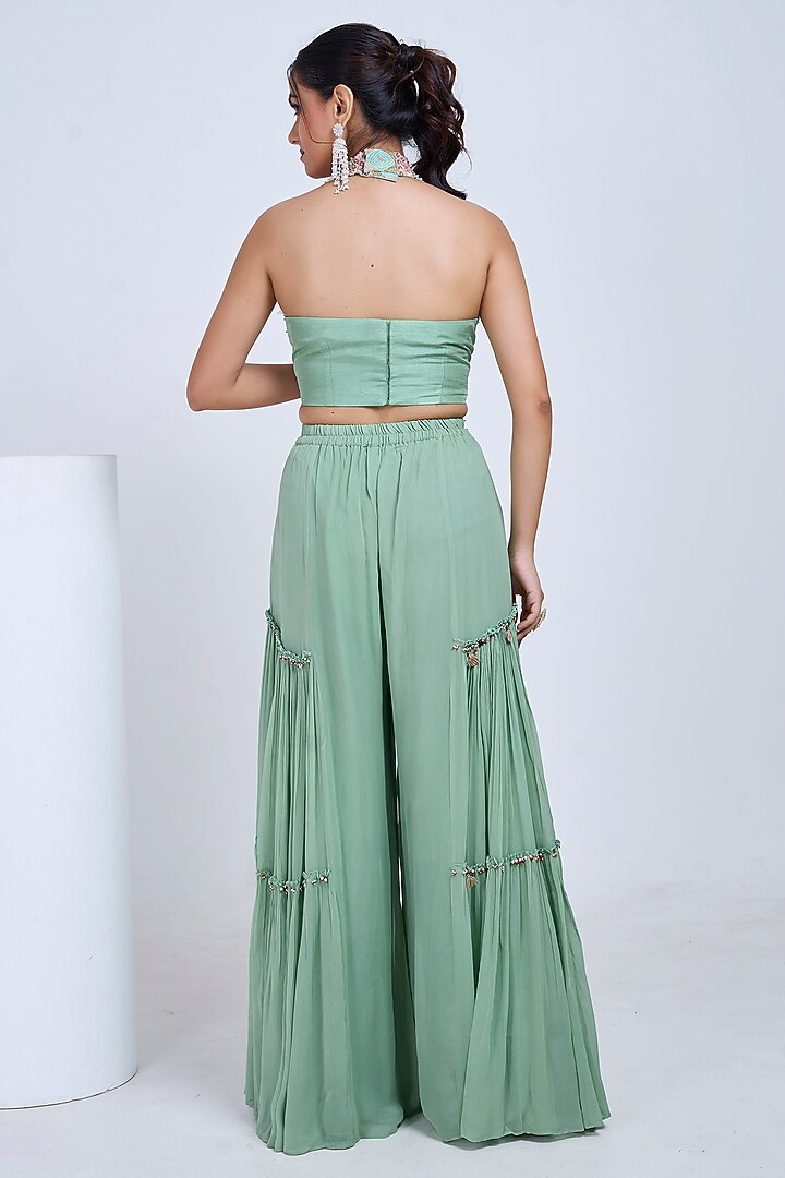 Green Silk & Georgette Embroidered Co-Ord Set by Ojasvini at Pernia's Pop Up Shop