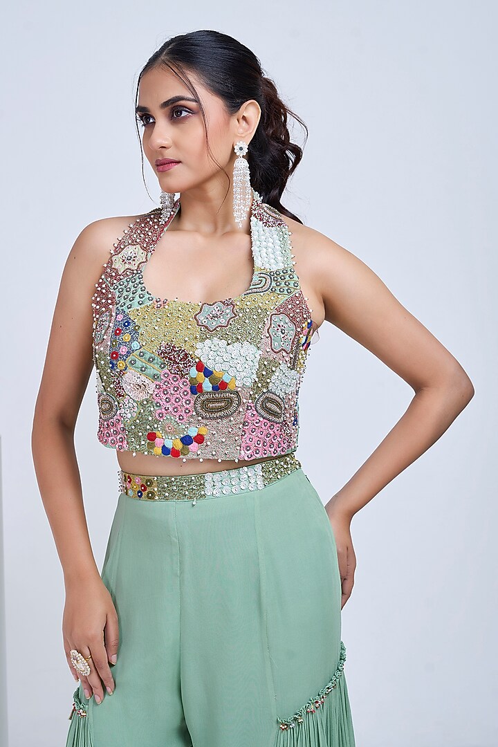 Green Silk & Georgette Embroidered Co-Ord Set by Ojasvini at Pernia's Pop Up Shop