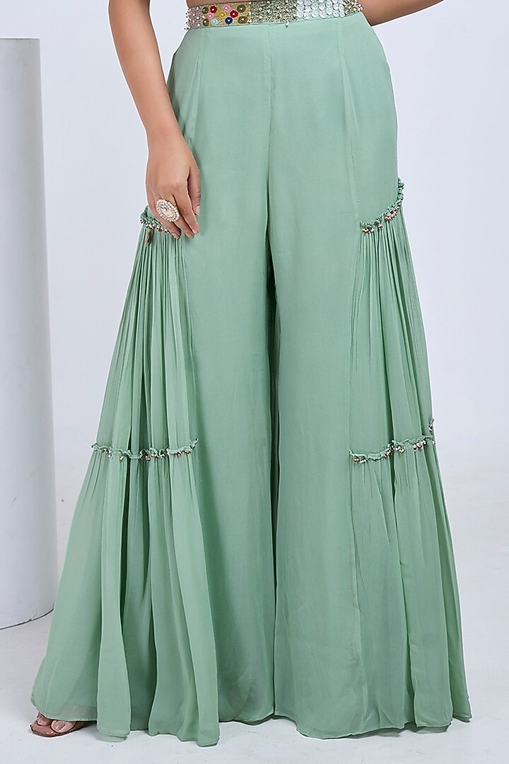Green Silk & Georgette Embroidered Co-Ord Set by Ojasvini at Pernia's Pop Up Shop