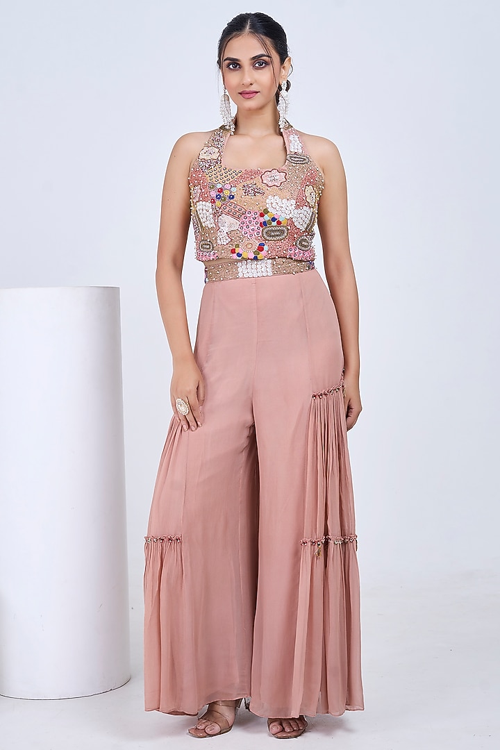 Blush Silk & Georgette Embroidered Co-Ord Set by Ojasvini at Pernia's Pop Up Shop