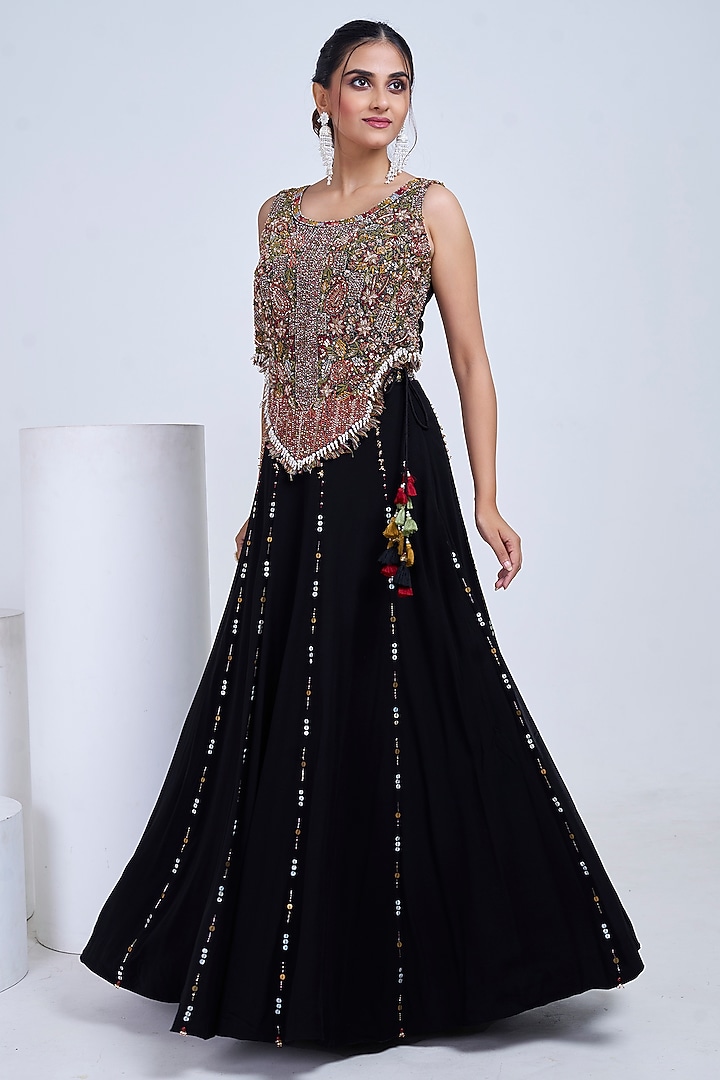 Black Silk & Georgette Embroidered Co-Ord Set by Ojasvini at Pernia's Pop Up Shop
