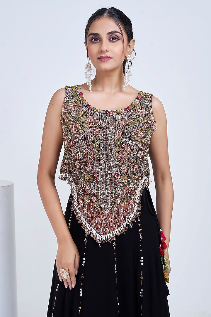 Black Silk & Georgette Embroidered Co-Ord Set by Ojasvini at Pernia's Pop Up Shop