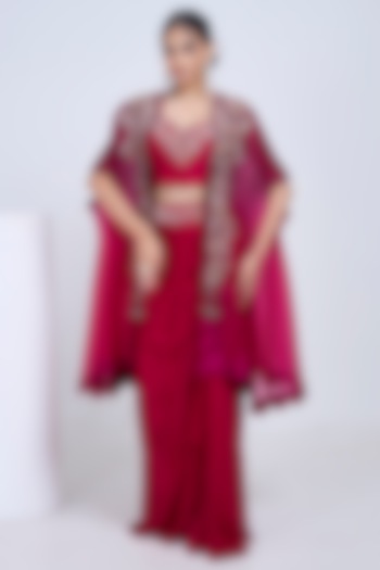 Magenta Organza Embroidered Cape Set by Ojasvini at Pernia's Pop Up Shop