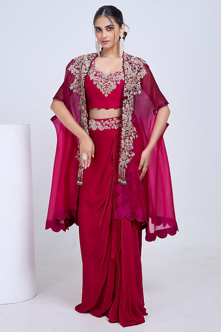 Magenta Organza Embroidered Cape Set by Ojasvini at Pernia's Pop Up Shop