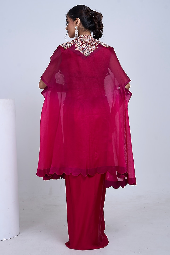 Magenta Organza Embroidered Cape Set by Ojasvini at Pernia's Pop Up Shop