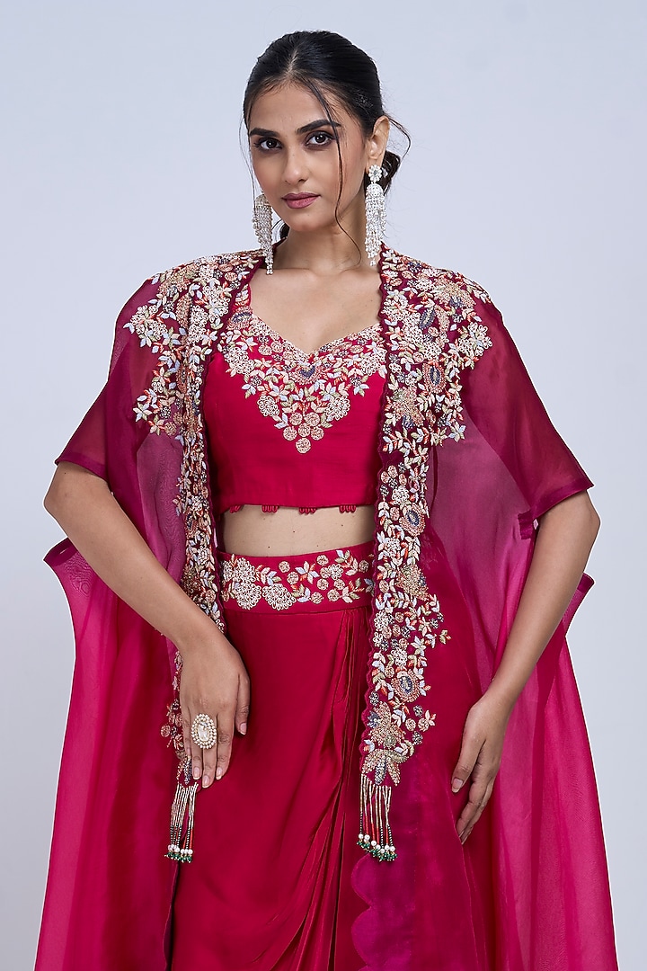 Magenta Organza Embroidered Cape Set by Ojasvini at Pernia's Pop Up Shop