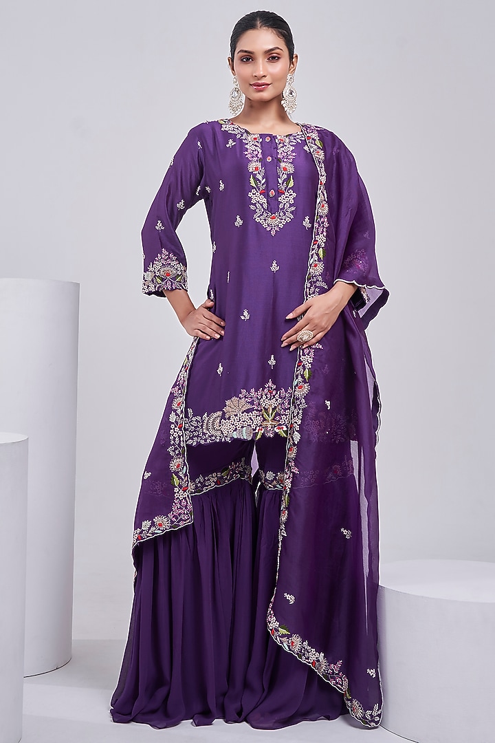 Purple Silk Chanderi Wedding Sharara Set by Ojasvini at Pernia's Pop Up Shop
