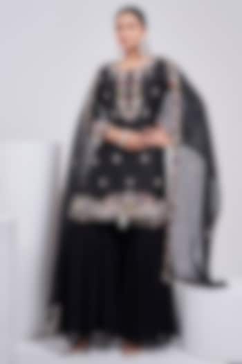 Black Silk Chanderi Wedding Sharara Set by Ojasvini at Pernia's Pop Up Shop