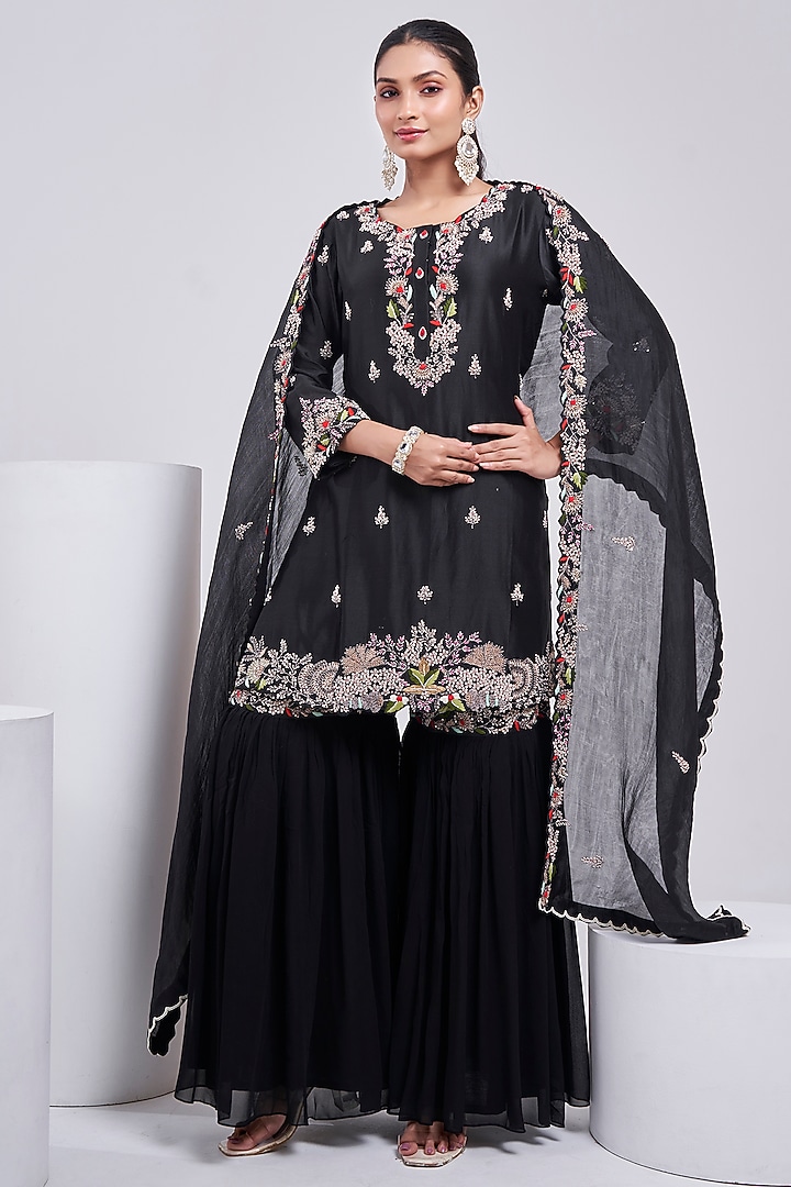 Black Silk Chanderi Wedding Sharara Set by Ojasvini at Pernia's Pop Up Shop