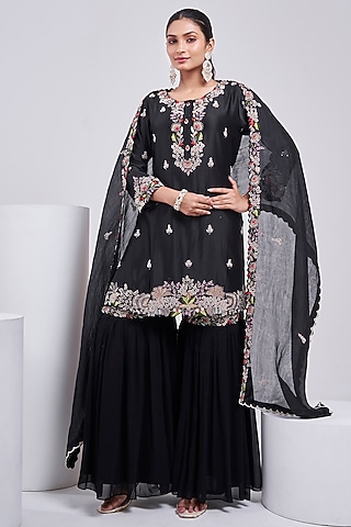 Black Silk Chanderi Sharara Set by Ojasvini