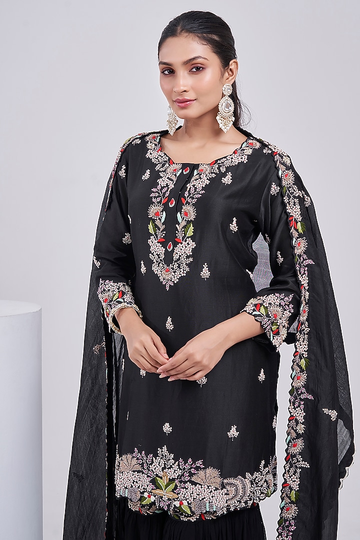 Black Silk Chanderi Wedding Sharara Set by Ojasvini at Pernia's Pop Up Shop