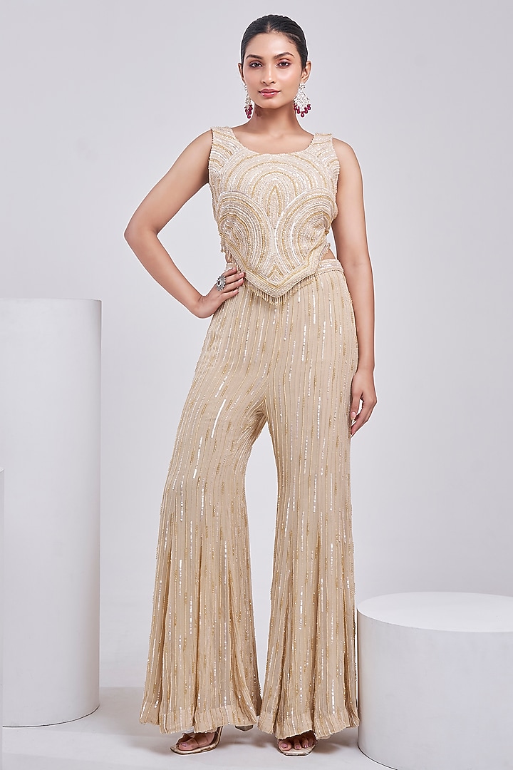 Ivory Georgette & Silk Embroidered Wedding Sharara Set by Ojasvini at Pernia's Pop Up Shop