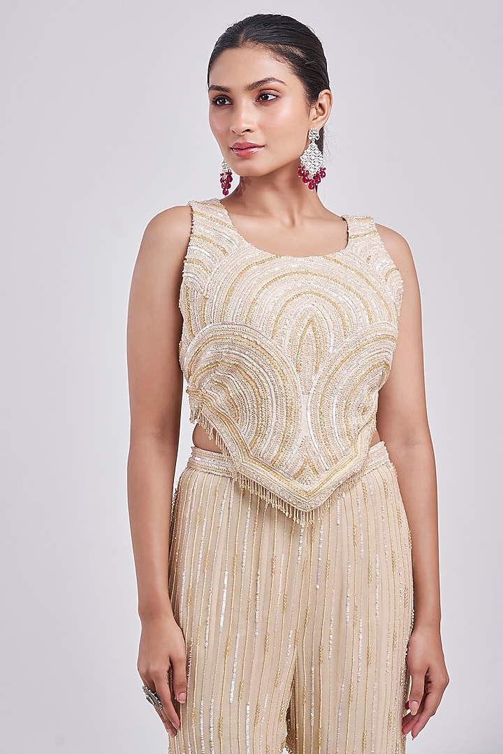 Ivory Georgette & Silk Embroidered Wedding Sharara Set by Ojasvini at Pernia's Pop Up Shop