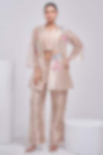 Light Gold Tissue Hand-Painted Jacket Set by Ojasvini at Pernia's Pop Up Shop