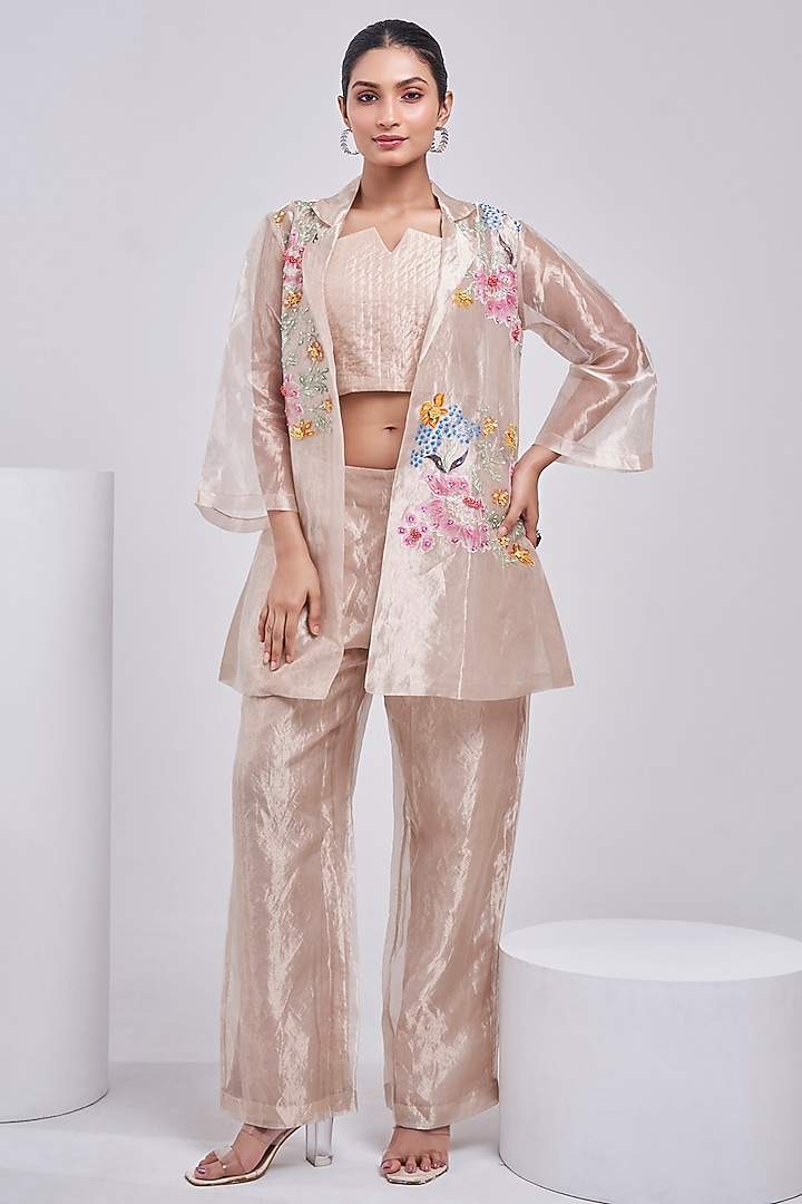 Light Gold Tissue Hand-Painted Jacket Set by Ojasvini at Pernia's Pop Up Shop