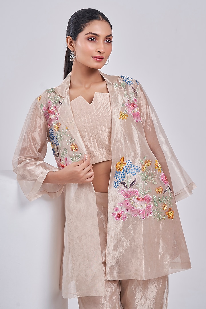 Light Gold Tissue Hand-Painted Jacket Set by Ojasvini at Pernia's Pop Up Shop