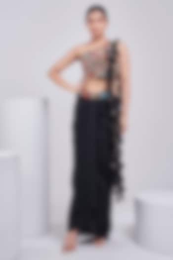 Black Silk & Net Lycra Dhoti Skirt Set by Ojasvini at Pernia's Pop Up Shop