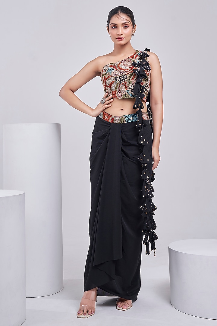 Black Silk & Net Lycra Dhoti Skirt Set by Ojasvini at Pernia's Pop Up Shop