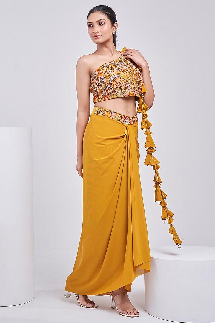 Yellow Silk & Net Lycra Dhoti Skirt Set by Ojasvini at Pernia's Pop Up Shop