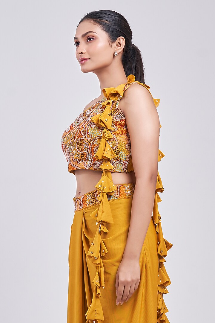 Yellow Silk & Net Lycra Dhoti Skirt Set by Ojasvini at Pernia's Pop Up Shop
